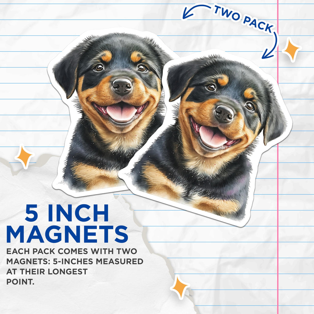 (2 Pack) Rottweiler Puppy Magnets - Smiling Dog Face - Fridge Decor Magnets - 5" On Longest Side - Premium Magnet - for Cars, Refrigerators, Toolboxes, Lockers - Made in USA - MAG14523