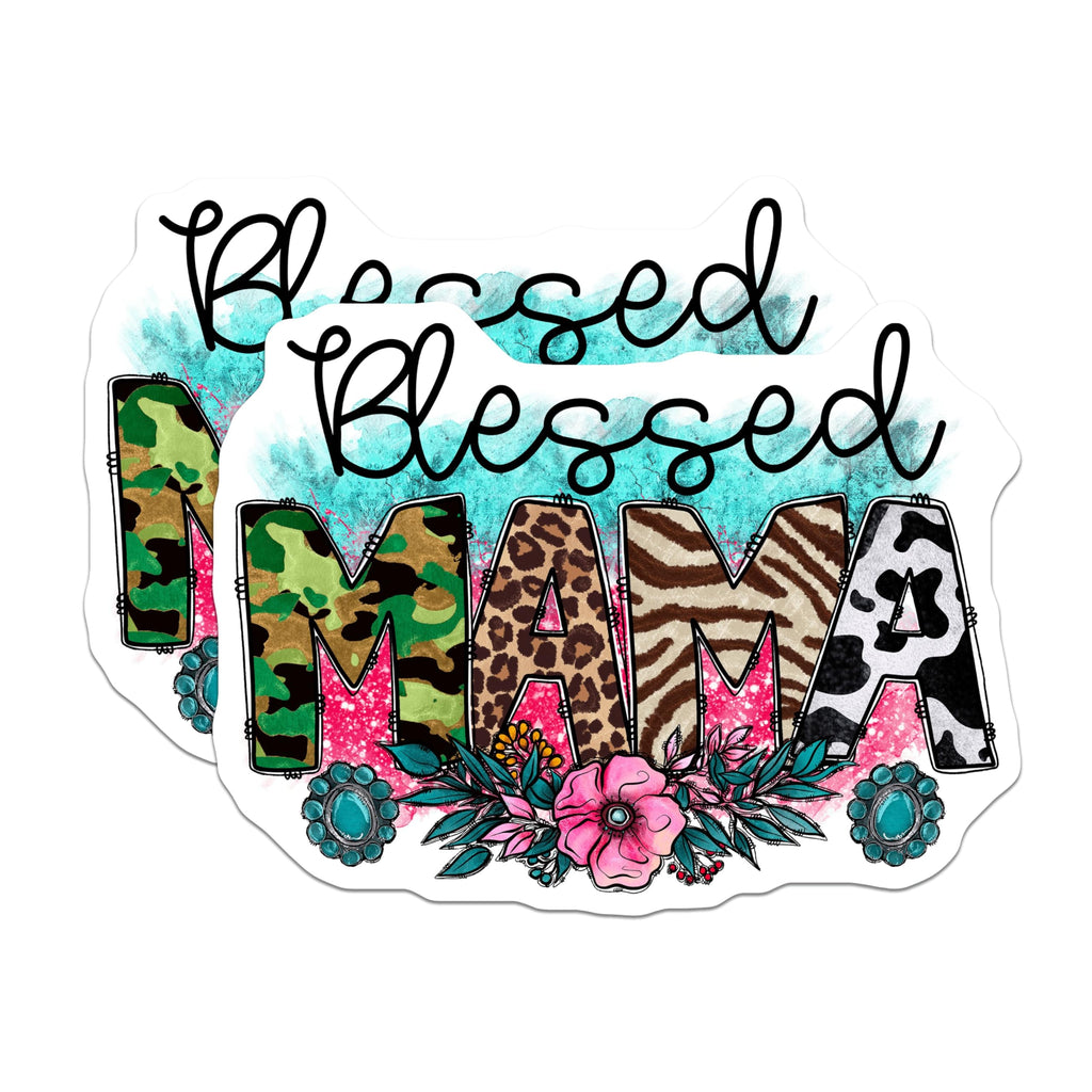 (2 Pack) Blessed Mama Magnets - Animal Print Mom Decor - Western Turquoise Cowgirl Refrigerator Accessory - 5 Inches On Longest Side - Thick Durable Magnet - Made in USA - MAG26313