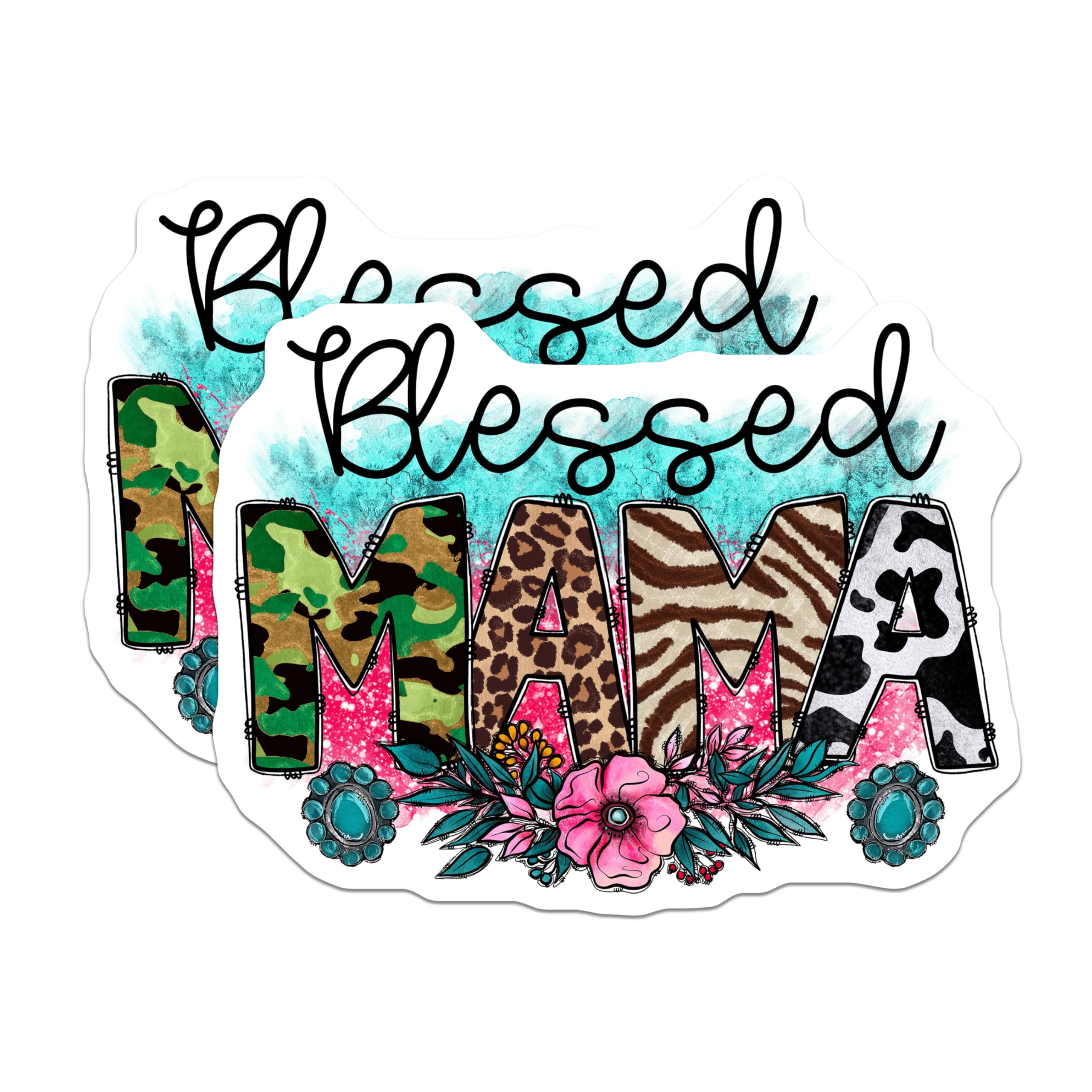 (2 Pack) Blessed Mama Magnets - Animal Print Mom Decor - Western Turquoise Cowgirl Refrigerator Accessory - 5 Inches On Longest Side - Thick Durable Magnet - Made in USA - MAG26313