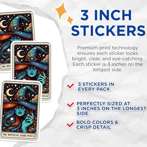 (3 Pack) Mystical Dark Witch Decals - Tarot Card Witch - Laptop Witch Decal - 3 Inches On Longest Side - Easy Peel & Apply - Made in USA - 3MCS4232