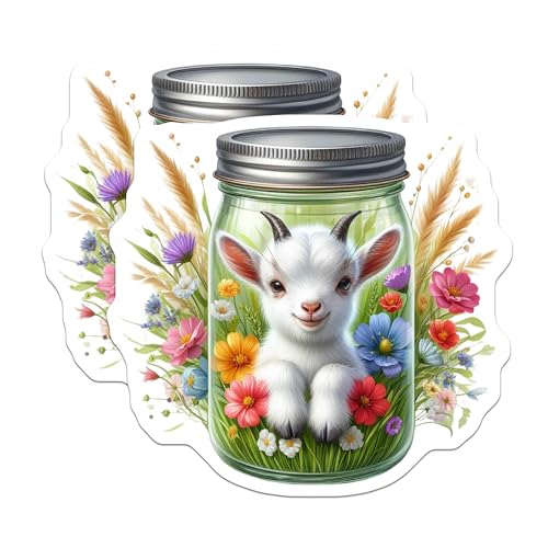 (2 Pack) Cute Goat in Jar Stickers - Animal Theme - Floral Design Sticker - 5" On Longest Side - Sticks to Smooth Flat Surfaces - Made in USA - BMCS9364