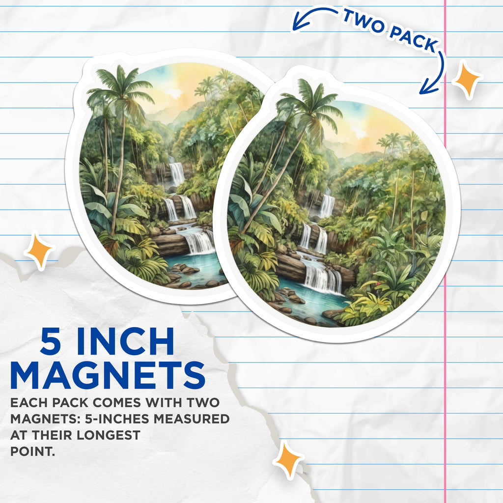 (2 Pack) Tropical Waterfall Magnets - Lush Jungle Scenery - Watercolor Nature Fridge Decor - 5 Inches On Longest Side - Thick Durable Magnet - Made in USA - MAG36913