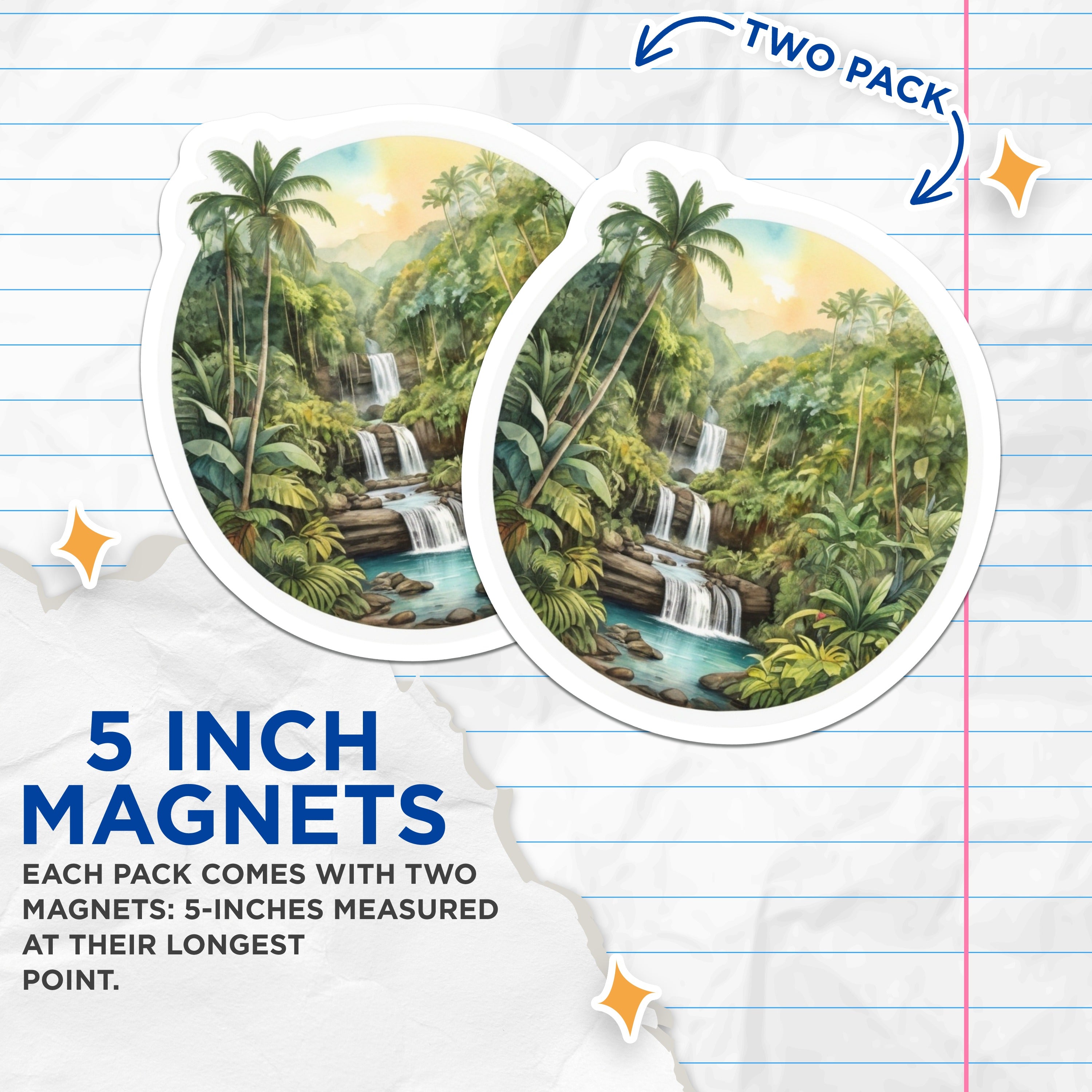 (2 Pack) Tropical Waterfall Magnets - Lush Jungle Scenery - Watercolor Nature Fridge Decor - 5 Inches On Longest Side - Thick Durable Magnet - Made in USA - MAG36913