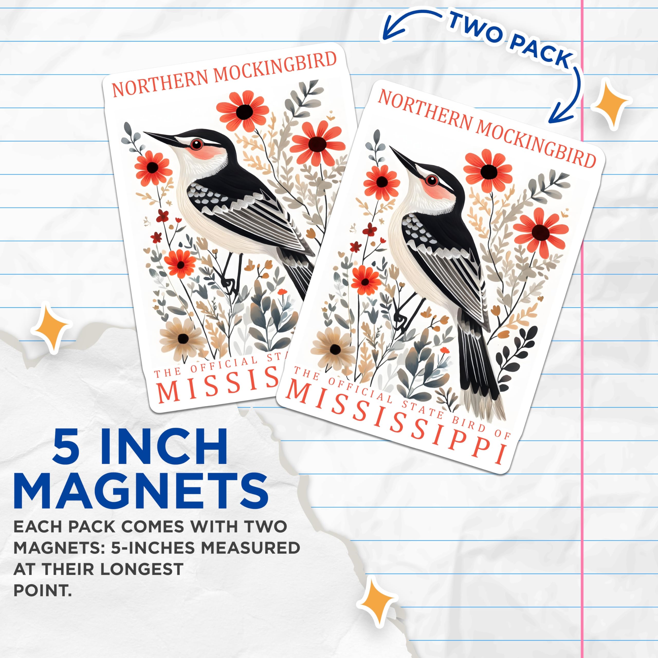 (2 Pack) Northern Mockingbird Magnets - Bird Lover - Mississippi State Bird Decor - 5" On Longest Side - Premium Magnet - for Cars, Refrigerators, Toolboxes, Lockers - Made in USA - MAG18243