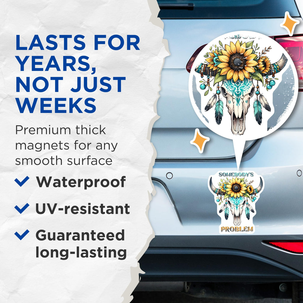 (2 Pack) Bull Skull Sunflower Magnets - Boho Style - Southwestern Decor - 5" On Longest Side - Premium Magnet - for Cars, Refrigerators, Toolboxes, Lockers - Made in USA - MAG16326
