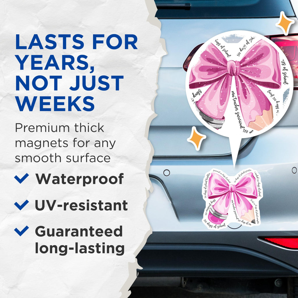 (2 Pack) 100 Days of School Magnets - Pink Bow Pencil Magnets - Classroom Decoration Magnets - 5" On Longest Side - for Cars, Refrigerators, Toolboxes, Lockers - Made in USA BMCS3064