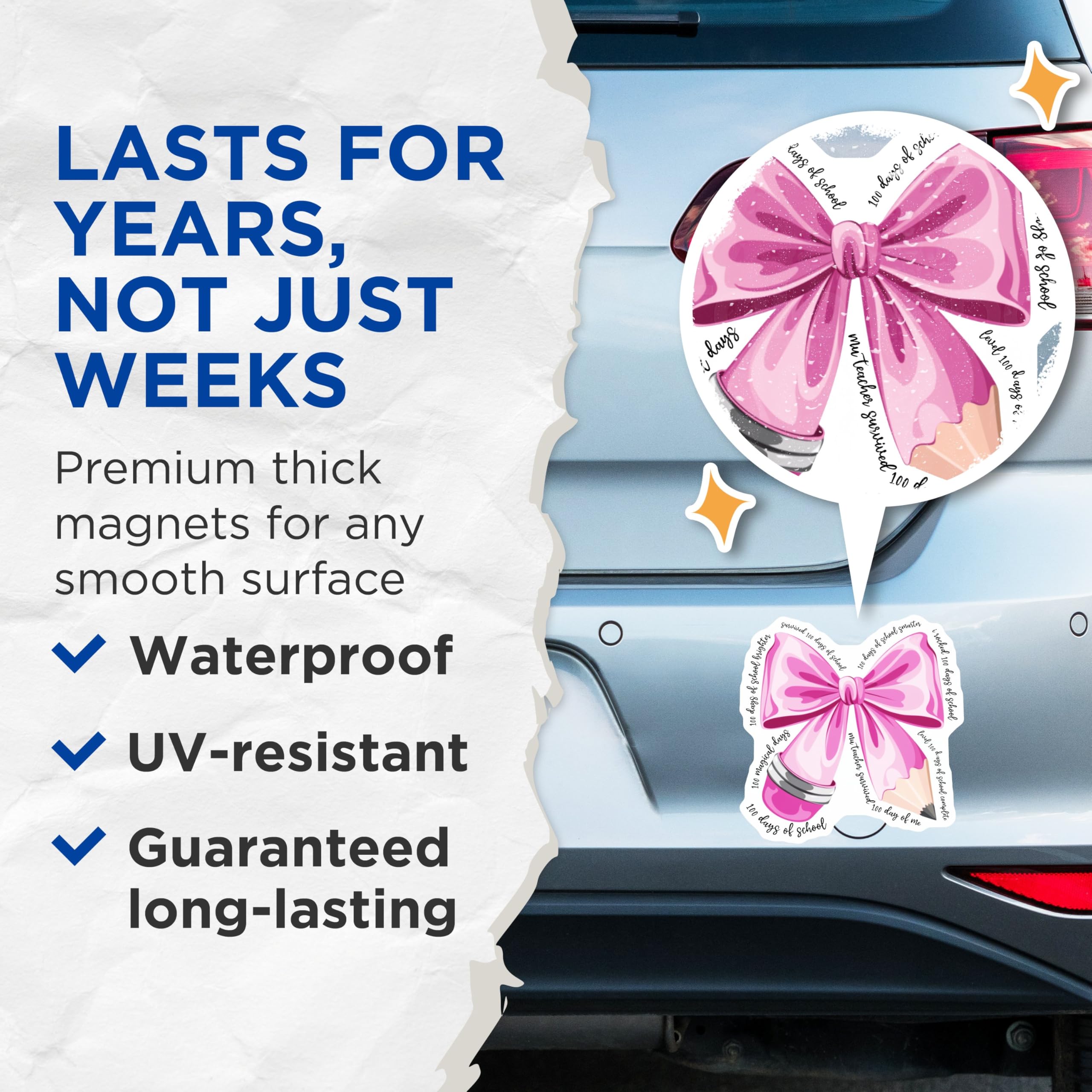 (2 Pack) 100 Days of School Magnets - Pink Bow Pencil Magnets - Classroom Decoration Magnets - 5" On Longest Side - for Cars, Refrigerators, Toolboxes, Lockers - Made in USA BMCS3064