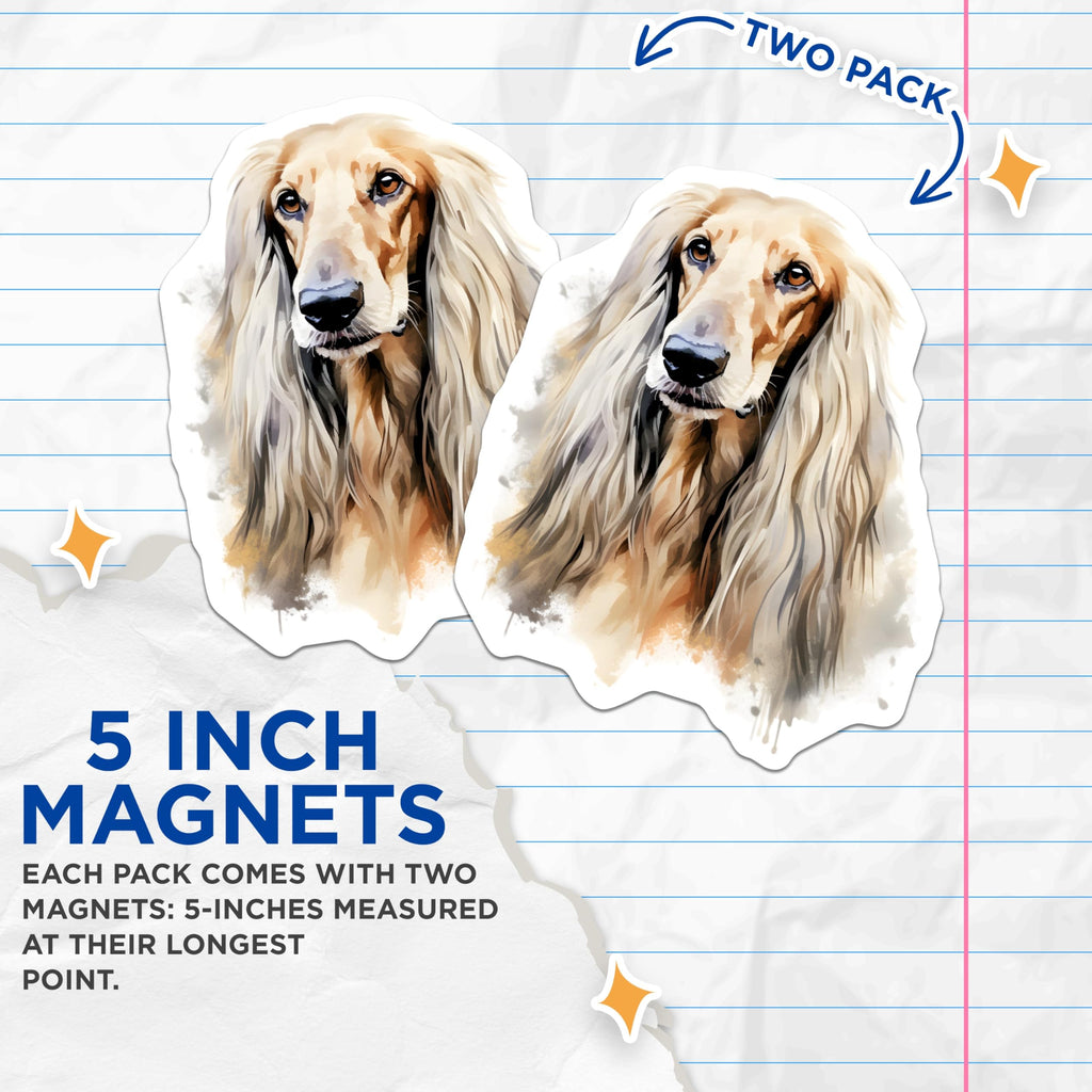 (2 Pack) Afghan Hound Magnets - Watercolor Dog Art - Pet Lover Fridge Decor - 5 Inches On Longest Side - Thick Durable Magnet - Made in USA - MAG29386