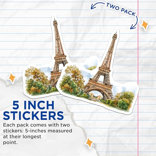 (2 Pack) Eiffel Tower Stickers - Paris Landmark Stickers - Travel Adventure Decor - Romantic Parisian Stickers - 5" On Longest Side - Sticks to Smooth Flat Surfaces - Made in USA - BMCS5189