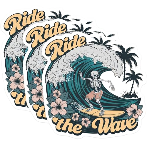 (3 Pack) Surfing Skeleton Decals - Ride The Wave Stickers - Laptop Surf Decal - 3 Inches On Longest Side - Easy Peel & Apply - Made in USA - 3MCS0566