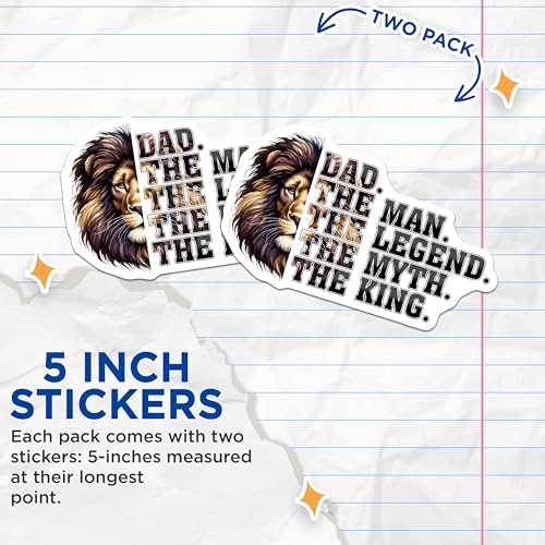 (2 Pack) Dad The Man The Legend The Myth The King Stickers - Lion Design Stickers - Inspirational Dad Stickers - 5" On Longest Side - Sticks to Any Smooth Flat Surface - Made in USA - BMCS3239