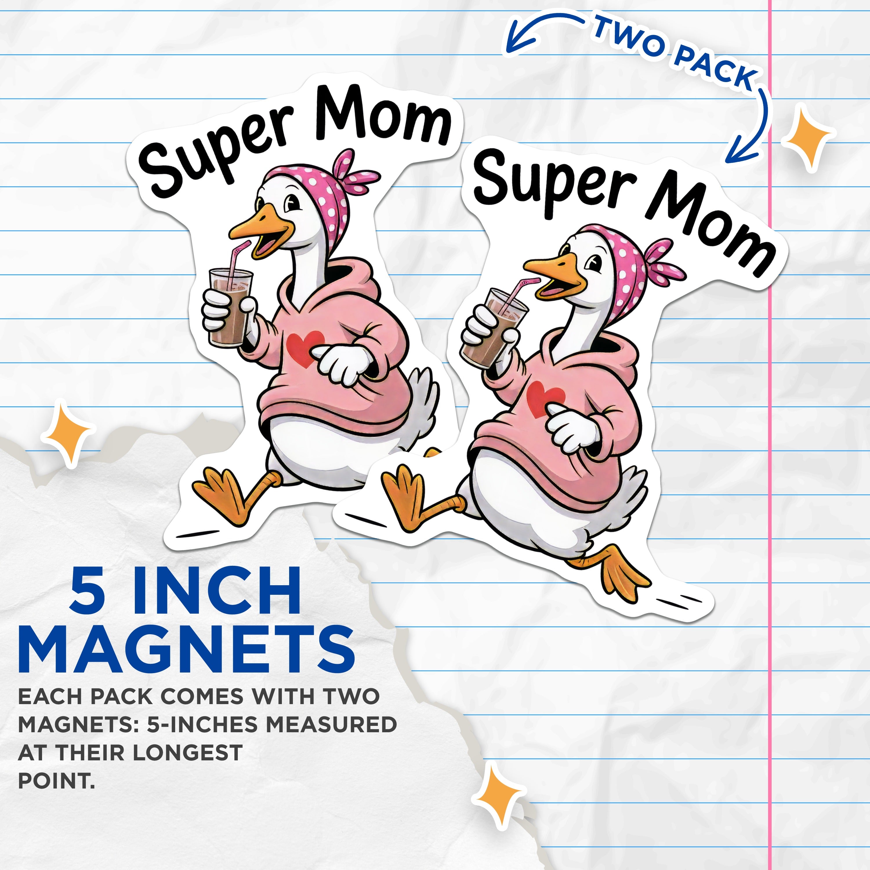 (2 Pack) Super Mom Magnets - Funny Busy Parent Life - Refrigerator Decoration - Cute Goose Message - 5 Inches On Longest Side - Thick Durable Magnet - Made in USA - MAG39309