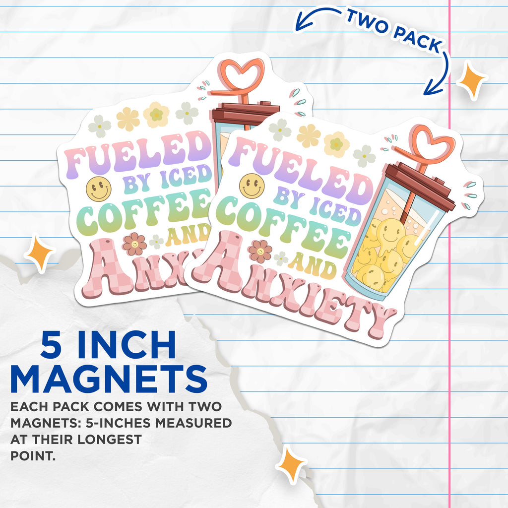 (2 Pack) Fueled By Iced Coffee and Anxiety Magnets - Retro Pastel Aesthetic - Humorous Mental Health Decor - 5 Inches On Longest Side - Thick Durable Magnet - Made in USA - MAG37500