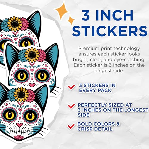 (3 Pack) Sugar Skull Cat Decals - Calavera Kitty - Day of The Dead Stickers - 3 Inches On Longest Side - Easy Peel & Apply - Made in USA - 3MCS8225
