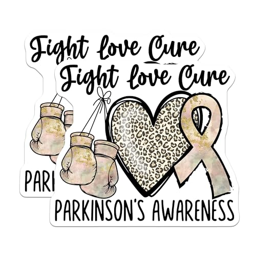 (2 Pack) Parkinson's Awareness Stickers - Fight Love Cure Stickers - Leopard Print Heart and Ribbon Stickers - 5" On Longest Side - Sticks to Smooth Flat Surfaces - Made in USA - BMCS4282