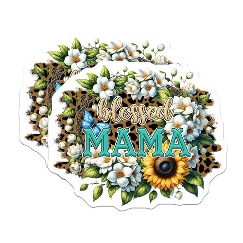 (2 Pack) Blessed Mama Stickers - Floral Design - Sunflower Mom Decal - 5" On Longest Side - Sticks to Smooth Flat Surfaces - Made in USA - BMCS8180