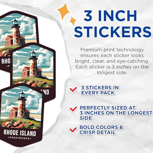 (3 Pack) Rhode Island Decals - Providence Lighthouse - Laptop Decals - 3 Inches On Longest Side - Easy Peel & Apply - Made in USA - 3MCS0380