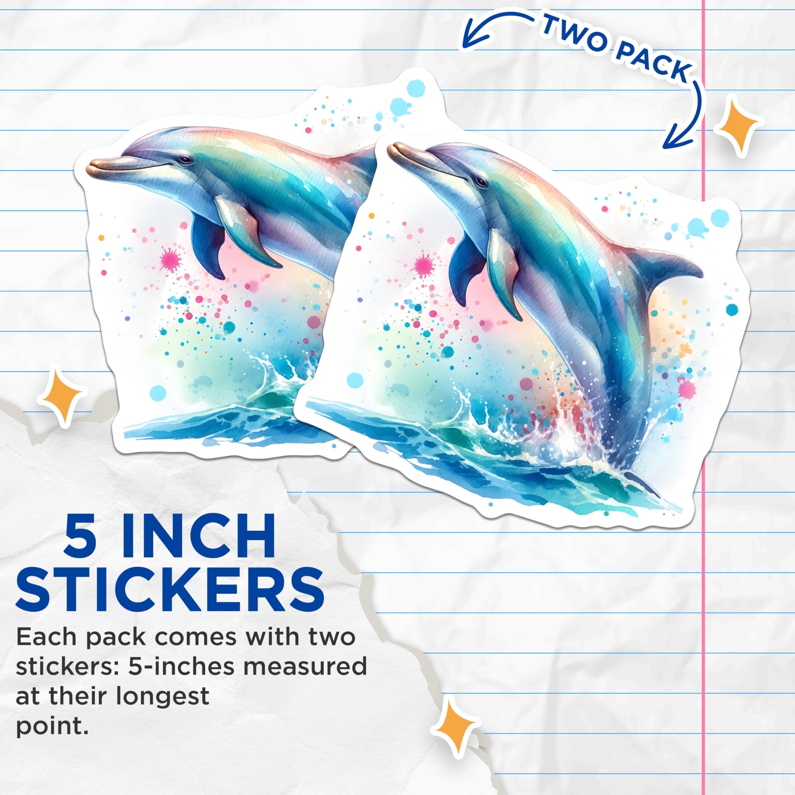 (2 Pack) Dolphin Stickers - Watercolor Dolphin Art - Ocean Animal Stickers - 5" On Longest Side - Sticks to Smooth Flat Surfaces - Made in USA - BMCS14282