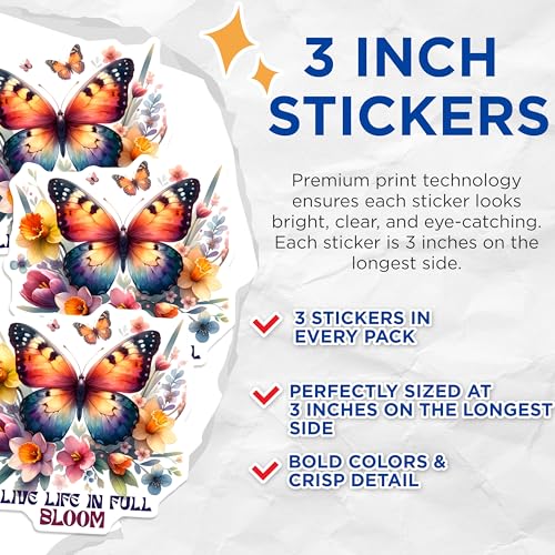 (3 Pack) Butterfly Decals - Floral Laptop Decals - Live Life in Bloom Decal - 3 Inches On Longest Side - Easy Peel & Apply - Made in USA - 3MCS0068