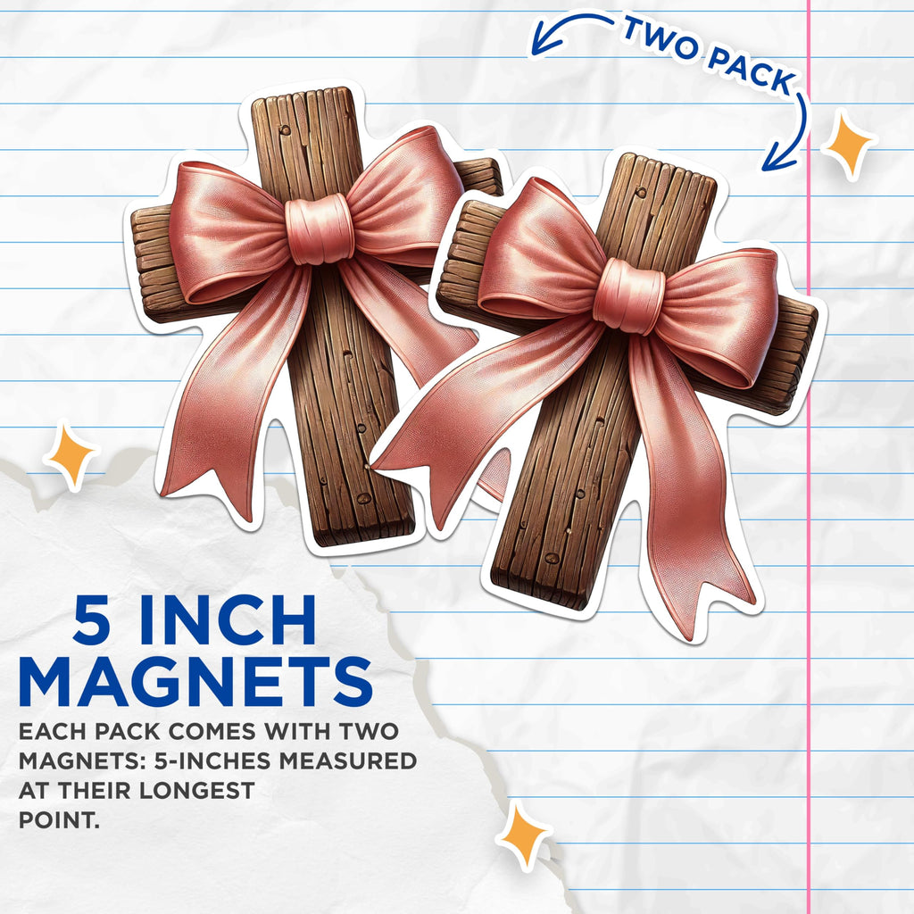 (2 Pack) Cross with Pink Bow Magnets - Christian Magnets - 5 Inches On Longest Side - Premium Magnet - for Cars, Refrigerators, Toolboxes - Made in USA - MAG2078