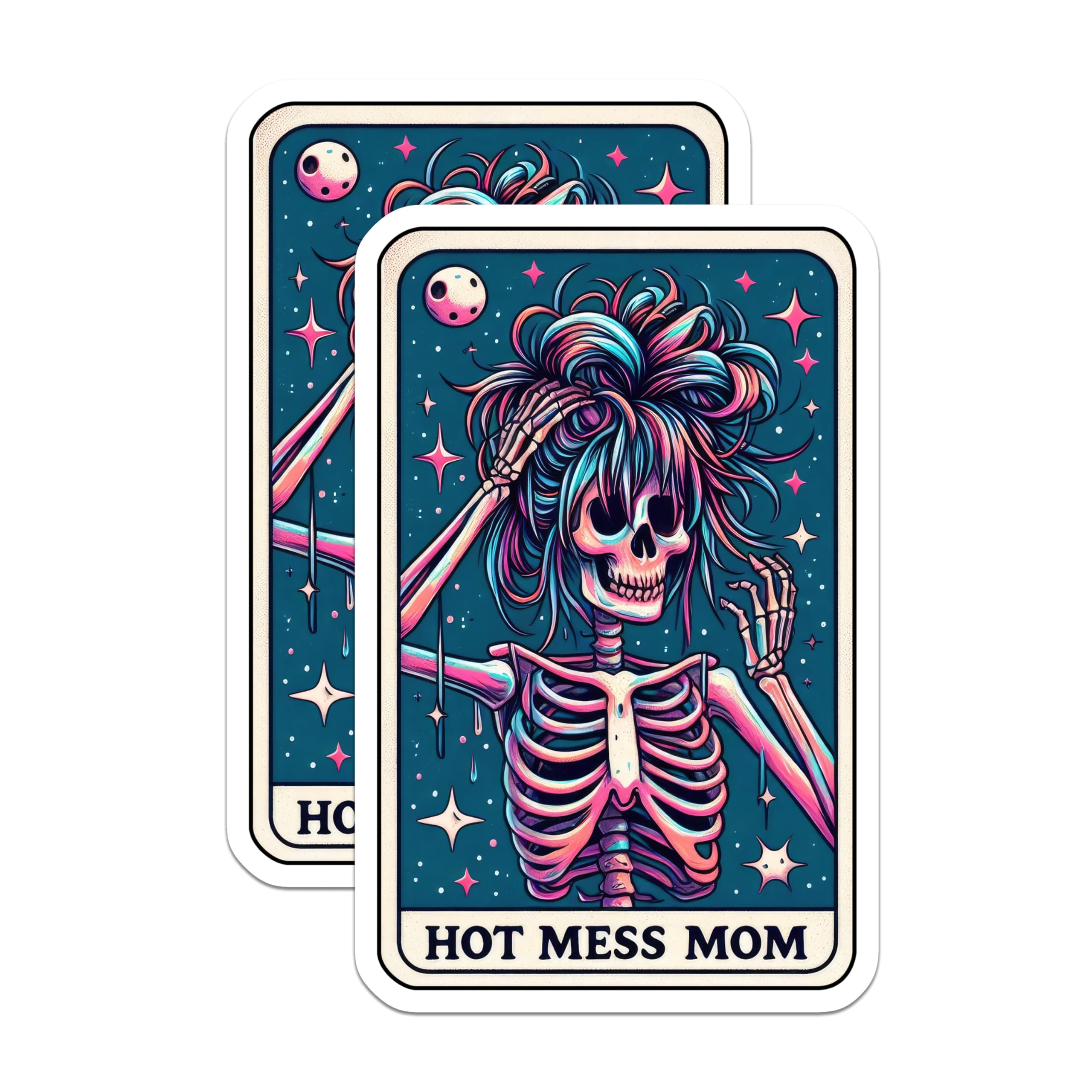 (2 Pack) Hot Mess Mom Life Skeleton Magnets - Vibrant Messy Hair - Humorous Refrigerator Decor for Her - 5 Inches On Longest Side - Thick Durable Magnet - Made in USA - MAG22804