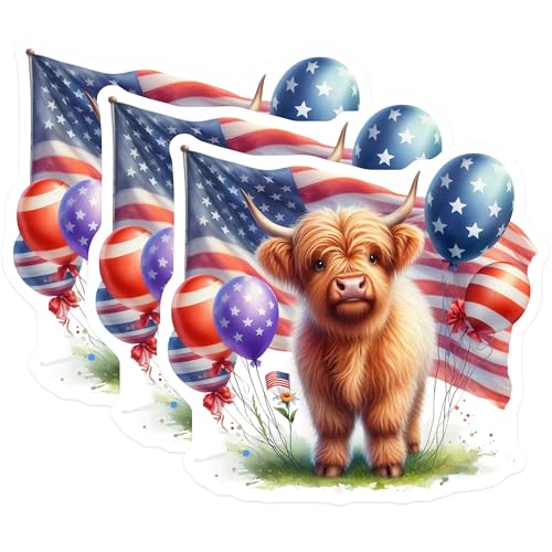 (3 Pack) Highland Cow Decals - American Flag - Patriotic Balloons - Laptop Decal- 3 Inches On Longest Side - Easy Peel & Apply - Made in USA - 3MCS5140