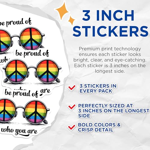 (3 Pack) Pride Month Decals - LGBTQ Pride - Rainbow Glasses Stickers - 3 Inches On Longest Side - Easy Peel & Apply - Made in USA - 3MCS7057