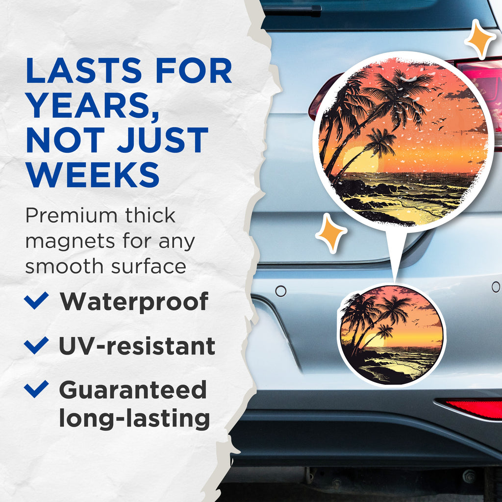 (2 Pack) Tropical Sunset Magnets - Palm Tree Beach Scene - Coastal Refrigerator Decor - Island Life Kitchen Accent - 5 Inches On Longest Side - Thick Durable Magnet - Made in USA - MAG36759