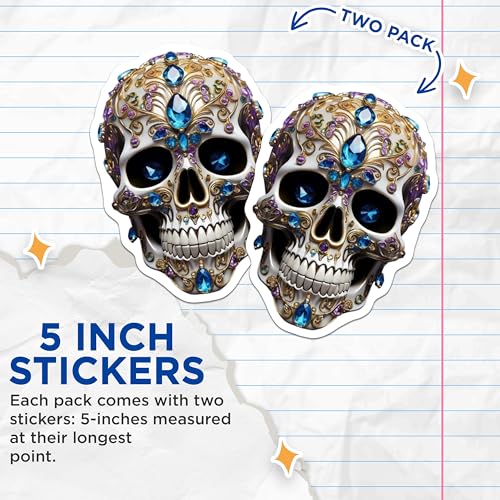 (2 Pack) Skull Stickers - Day of The Dead - Ornate Skull Art Decals - 5" On Longest Side - Sticks to Smooth Flat Surfaces - Made in USA - BMCS8606 - BMCS8606