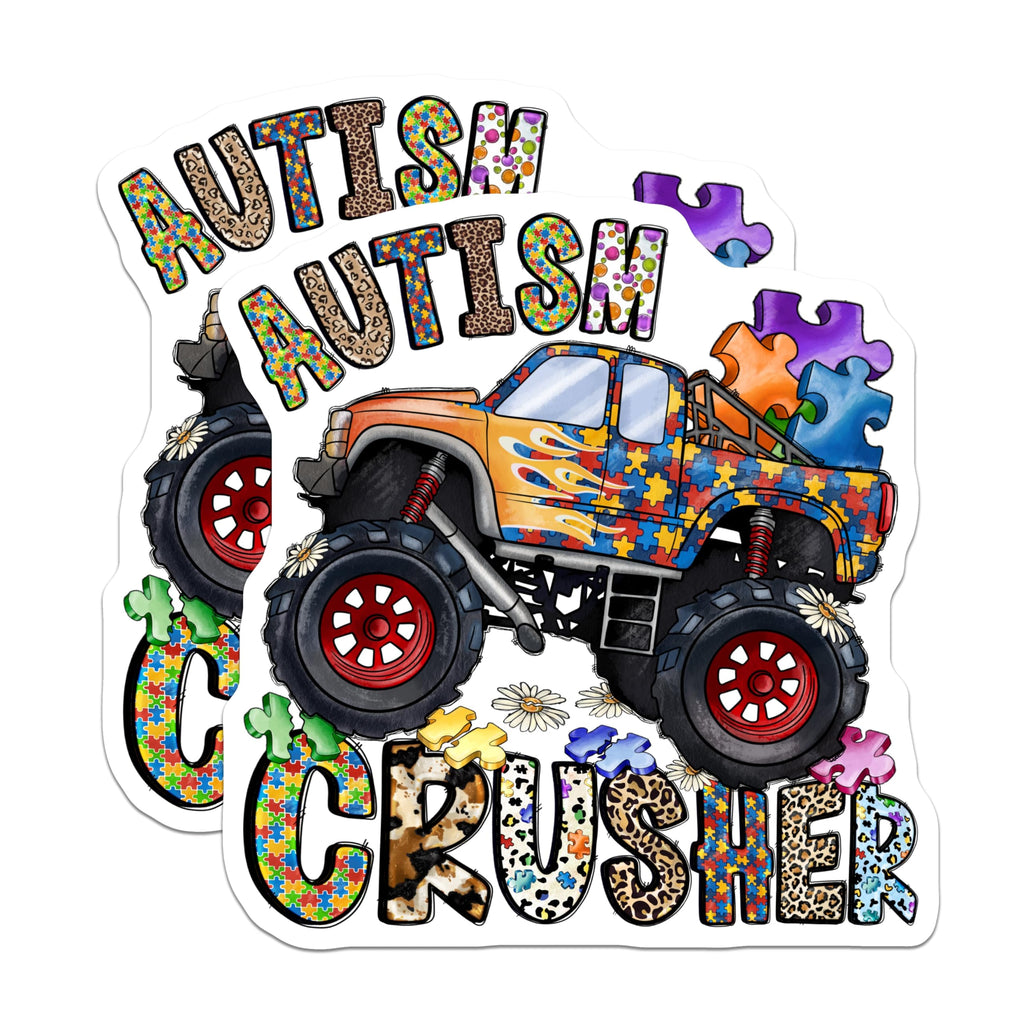 (2 Pack) Autism Crusher Magnets - Autism Awareness Puzzle Truck - Neurodiversity Support Monster Truck - 5 Inches On Longest Side - Thick Durable Magnet - Made in USA - MAG30120