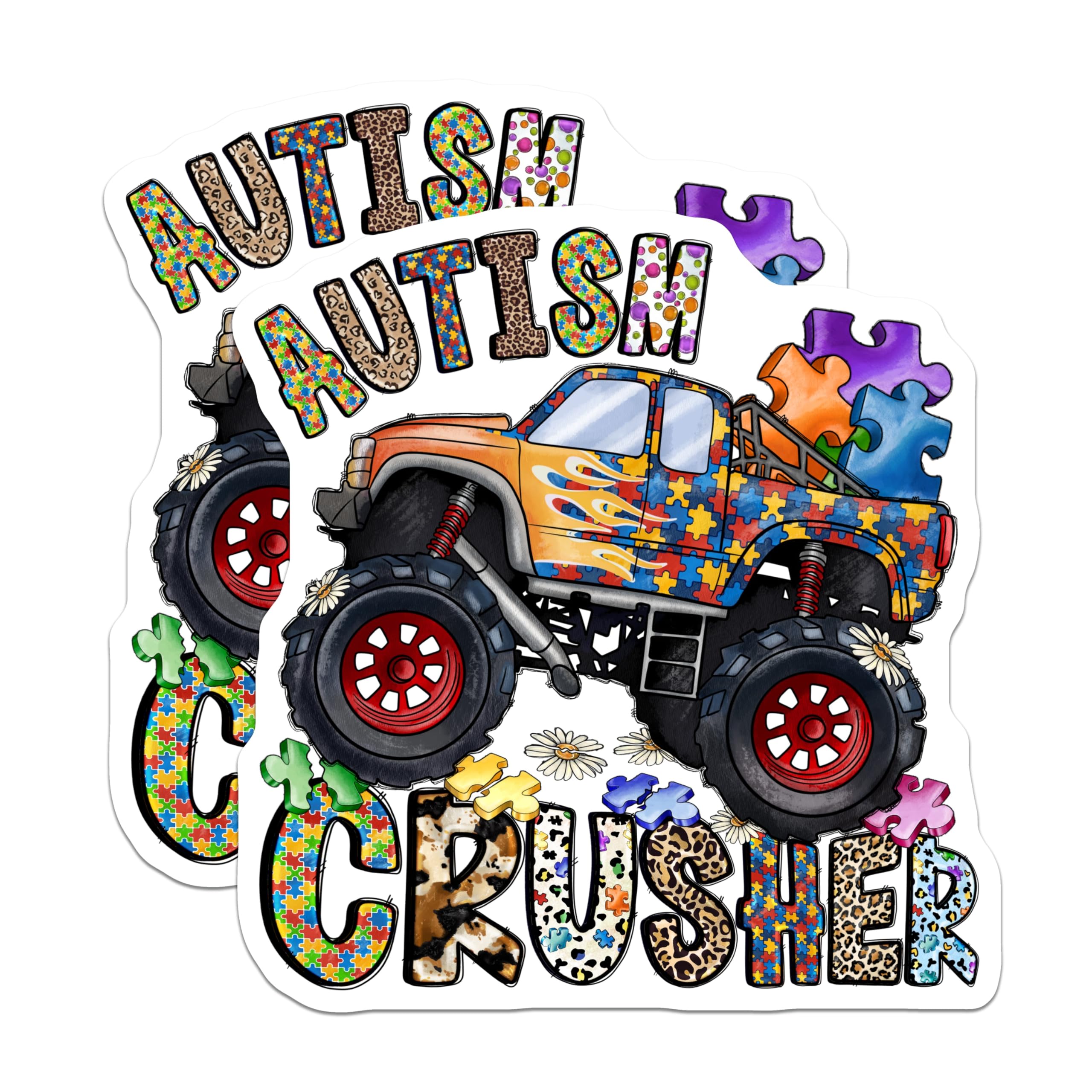 (2 Pack) Autism Crusher Magnets - Autism Awareness Puzzle Truck - Neurodiversity Support Monster Truck - 5 Inches On Longest Side - Thick Durable Magnet - Made in USA - MAG30120