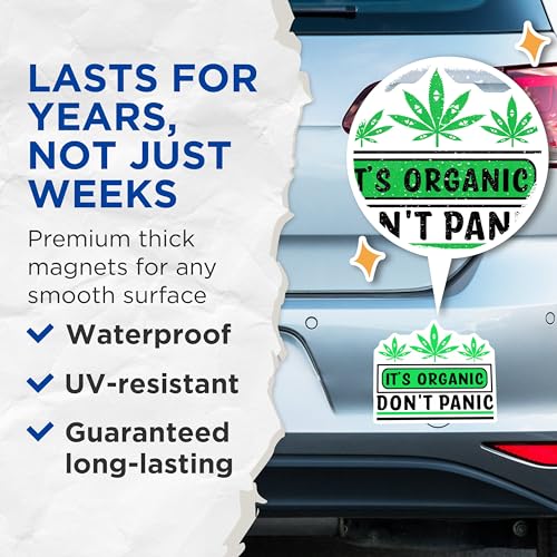 (2 Pack) It's Organic Don't Panic Magnets Magnets - Funny Organic Sign - Cannabis Leaf Fridge Magnet - 5" On Longest Side - Made in USA - Sticks to Refrigerators & Metal Surfaces - MAG8677