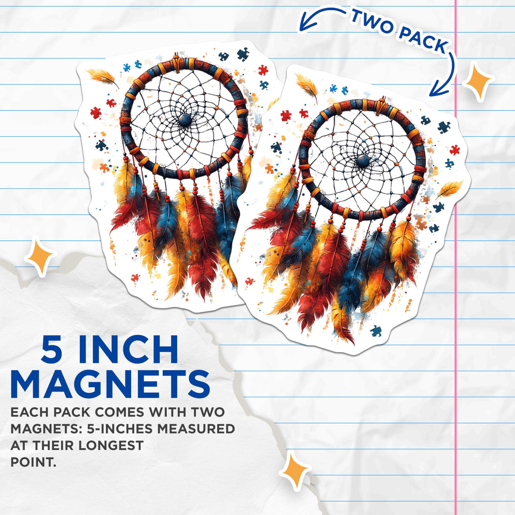 (2 Pack) Autism Acceptance Dreamcatcher Magnets - Puzzle Piece Fridge Art - Boho Decor Colorful Feather - 5 Inches On Longest Side - Thick Durable Magnet - Made in USA - MAG26734