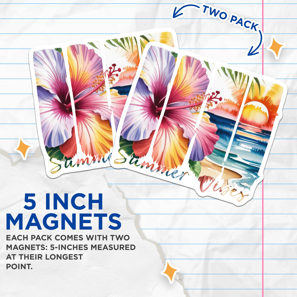 (2 Pack) Summer Vibes Magnets - Tropical Home Decor - Beach Sunset Art - Hibiscus Floral Design - Ocean Scene - 5 Inches On Longest Side - Thick Durable Magnet - Made in USA - MAG39969