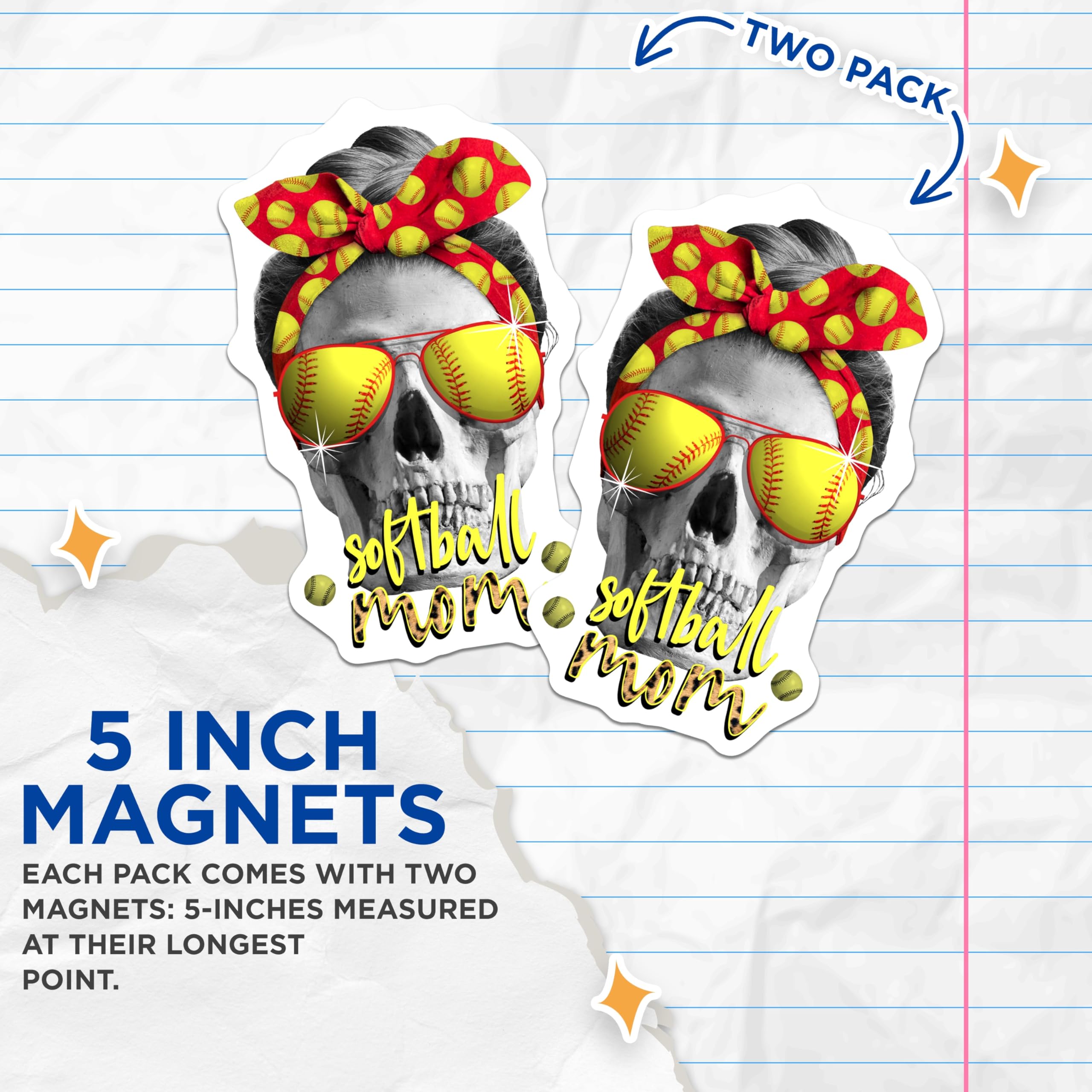 (2 Pack) Softball Mom Magnets - Skull Art Design - Leopard Print Mom Life - Fastpitch Fan Accessory - Game Day Team Mom Decor - 5 Inches On Longest Side - Thick Durable Magnet - Made in USA - MAG19171