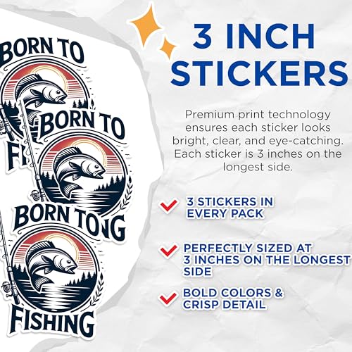 (3 Pack) Born to Fishing Decals - Fishing Decal - Angler Decal - 3 Inches On Longest Side - Easy Peel & Apply - Made in USA - 3MCS1475