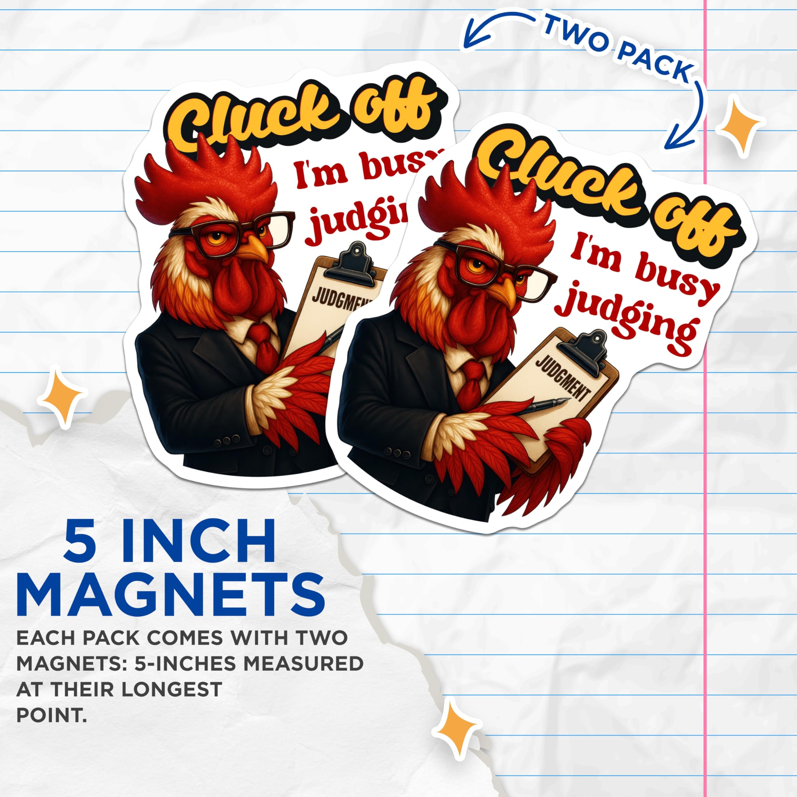 (2 Pack) Cluck Off Rooster Magnets - Busy Judging Chicken Decor - Sarcastic Farm Animal Fridge Office Locker Magnet Artwork - 5 Inches On Longest Side - Thick Durable Magnet - Made in USA - MAG23205