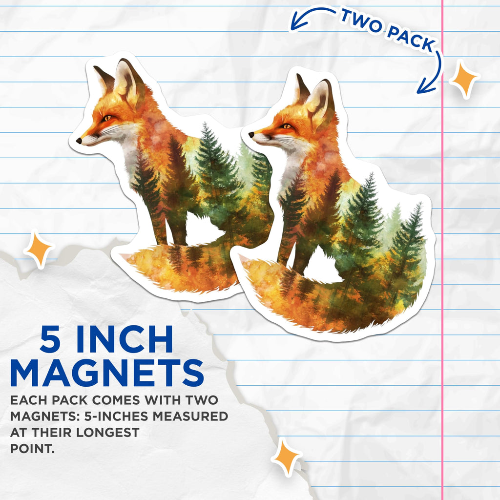 (2 Pack) Fox Magnets - Forest Animal Home Decor - Nature Illustration - 5" On Longest Side - Premium Magnet - for Cars, Refrigerators, Toolboxes, Lockers - Made in USA - MAG16002