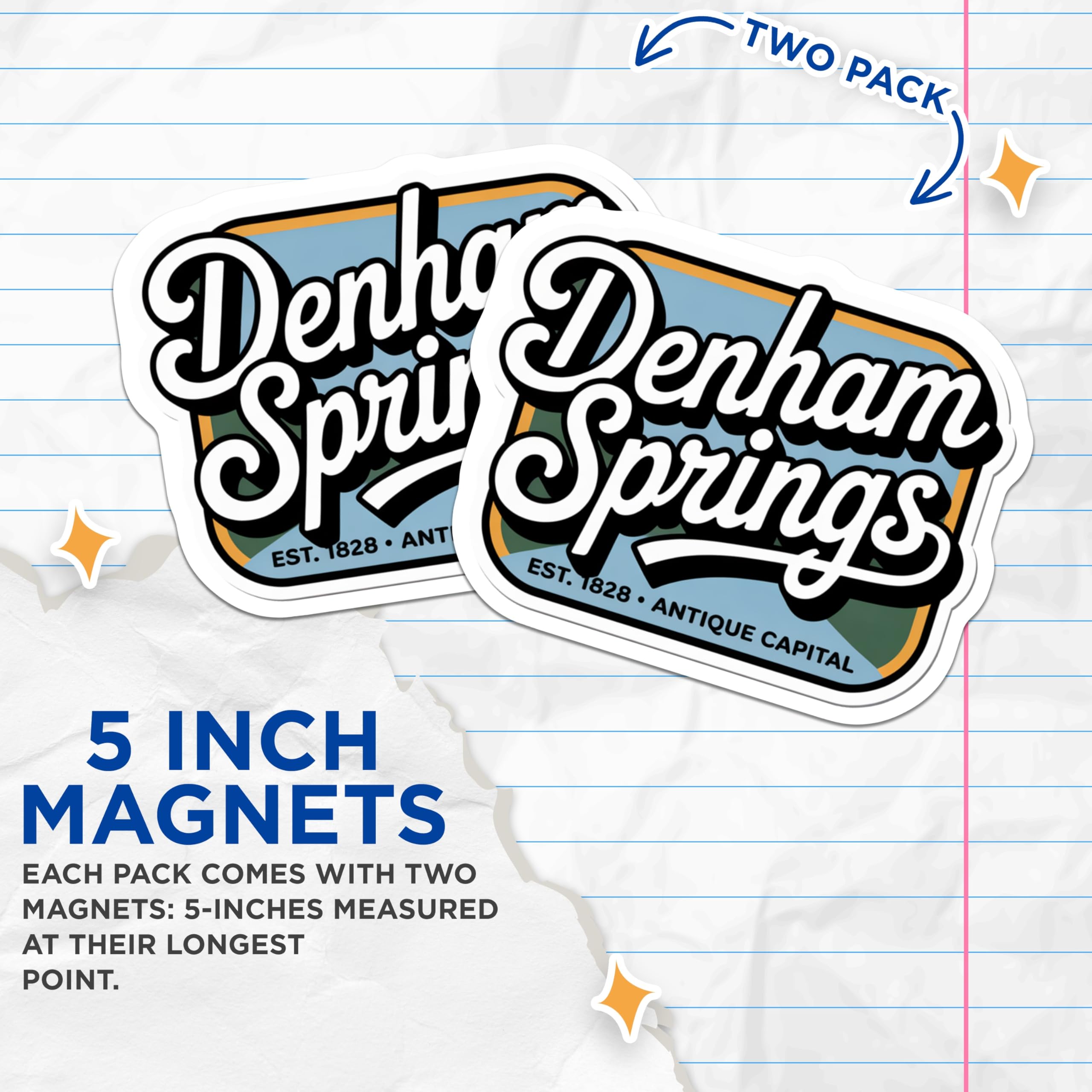 (2 Pack) Denham Springs Magnets - Antique Capital - Louisiana Souvenir - 5" On Longest Side - Premium Magnet - for Cars, Refrigerators, Toolboxes, Lockers - Made in USA - MAG17155