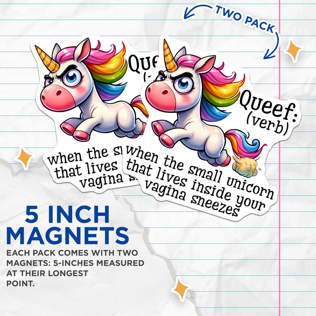 (2 Pack) Queef Unicorn Magnets - Funny Definition - Snarky Sarcastic Gag - 5" On Longest Side - Premium Magnet - for Cars, Refrigerators, Toolboxes, Lockers - Made in USA - MAG16798