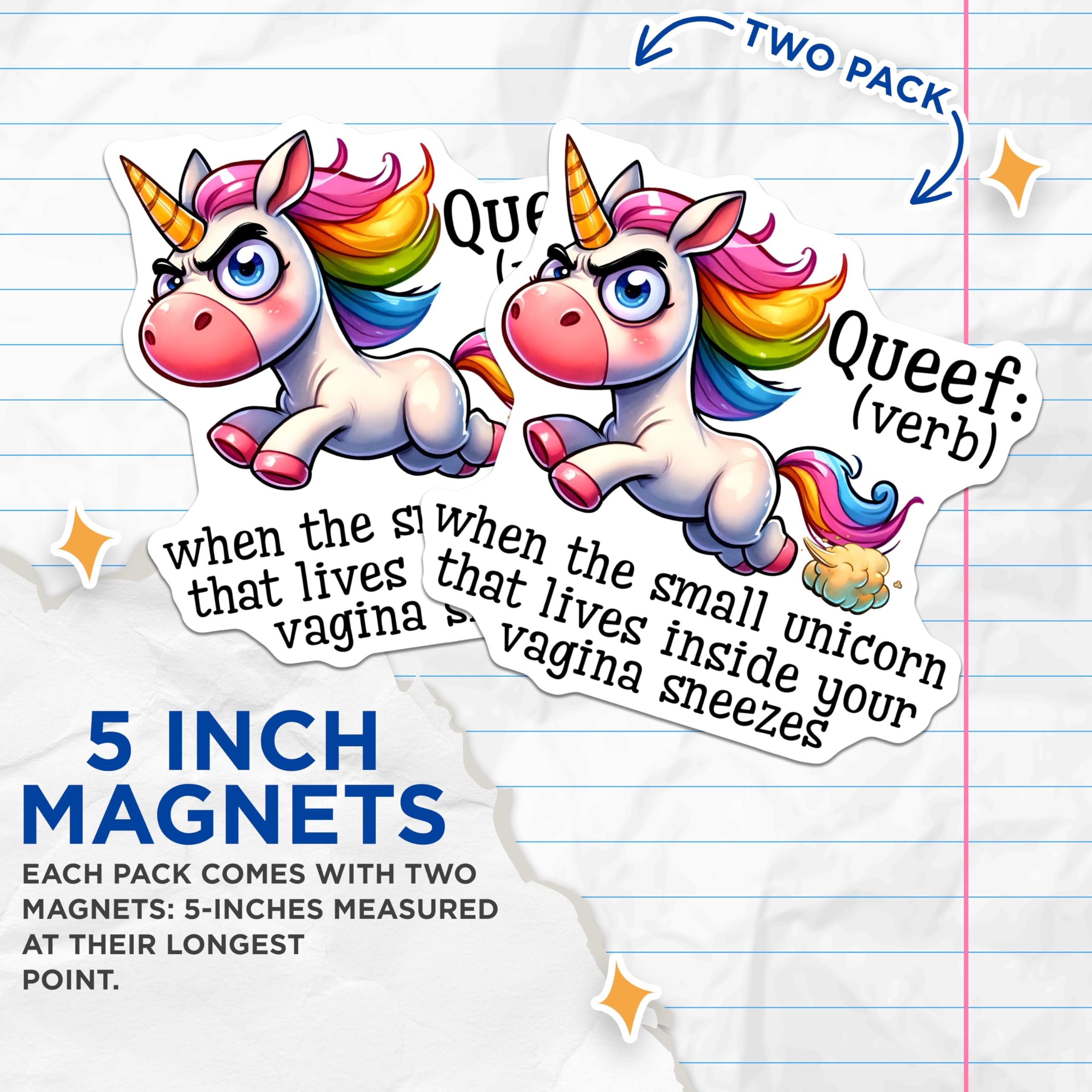 (2 Pack) Queef Unicorn Magnets - Funny Definition - Snarky Sarcastic Gag - 5" On Longest Side - Premium Magnet - for Cars, Refrigerators, Toolboxes, Lockers - Made in USA - MAG16798