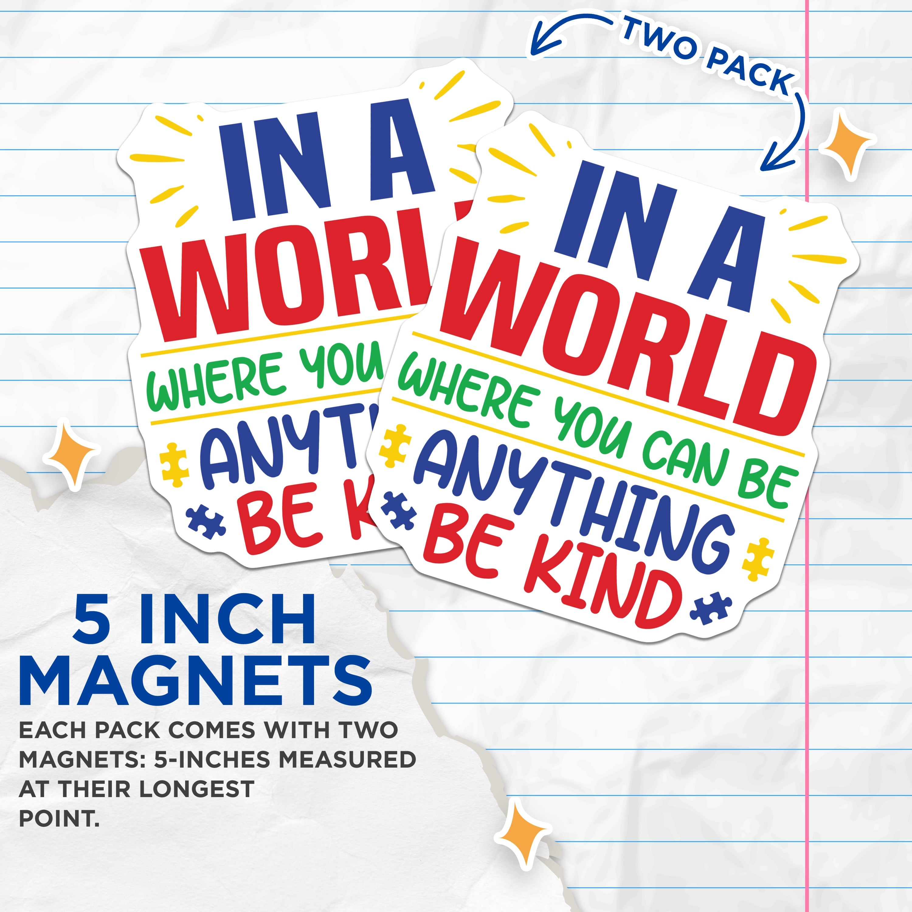 (2 Pack) Autism Awareness Magnets - Be Kind Quote - Neurodiversity Support Decor - Positive Message Magnets - 5 Inches On Longest Side - Thick Durable Magnet - Made in USA - MAG37146