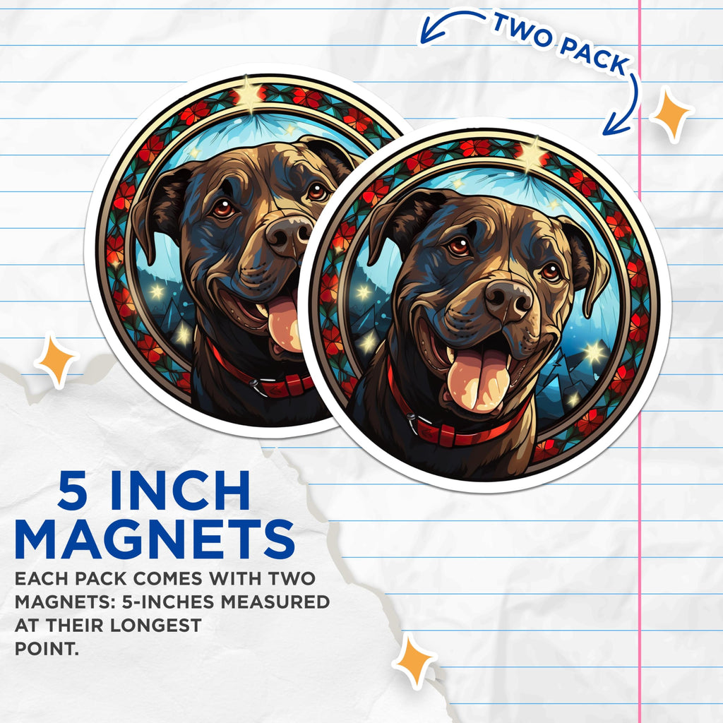 (2 Pack) Stained Glass Dog Magnets - Happy Pitbull Christmas Decor - Dog Lover Holiday Refrigerator - 5 Inches On Longest Side - Thick Durable Magnet - Made in USA - MAG25248