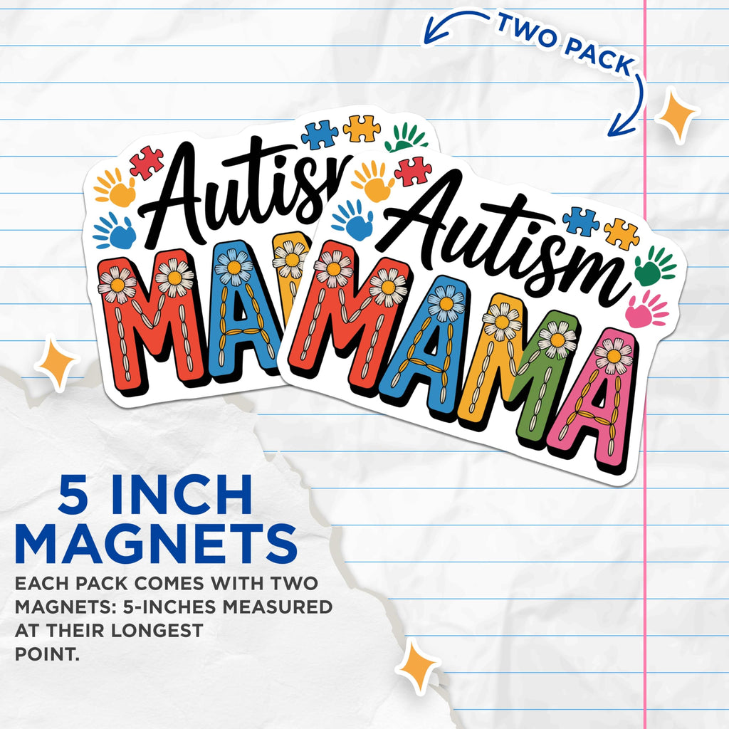 (2 Pack) Autism Mama Magnets - Neurodiversity Awareness Acceptance - Colorful Puzzle Handprint Support - 5 Inches On Longest Side - Thick Durable Magnet - Made in USA - MAG22155