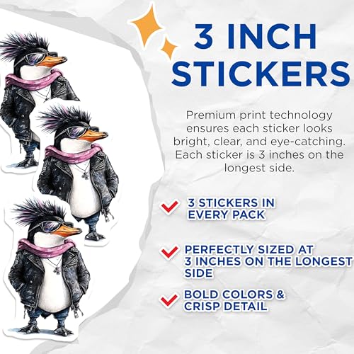 (3 Pack) Cool Penguin Decals - Rocker Bird Stickers - Laptop Animal Art - 3 Inches On Longest Side - Easy Peel & Apply - Made in USA - 3MCS8256