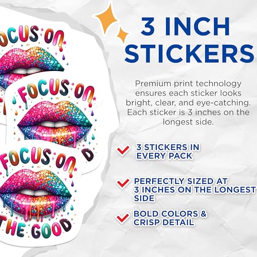 (3 Pack) Focus On The Good Decals - Inspirational Quote - Lips Laptop Decal - 3 Inches On Longest Side - Easy Peel & Apply - Made in USA - 3MCS1168