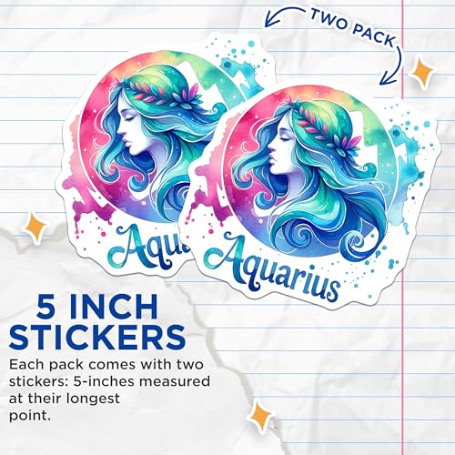 (2 Pack) Aquarius Stickers - Zodiac Sign - Astrology Colorful Decal - 5" On Longest Side - Sticks to Smooth Flat Surfaces - Made in USA - BMCS7015