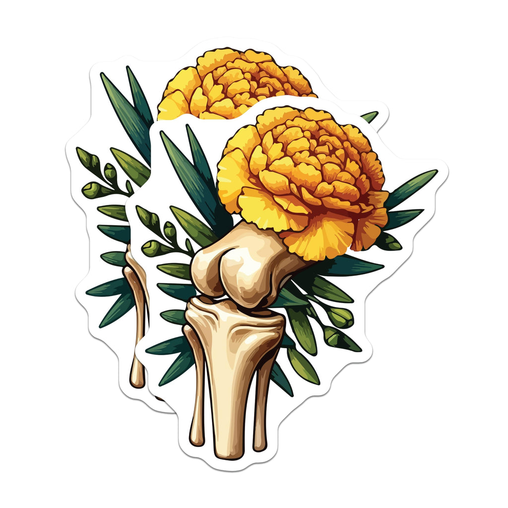 (2 Pack) Marigold Knee Bone Magnets - Anatomical Flower Art - Orthopedic Science Decor - 5 Inches On Longest Side - Thick Durable Magnet - Made in USA - MAG19876