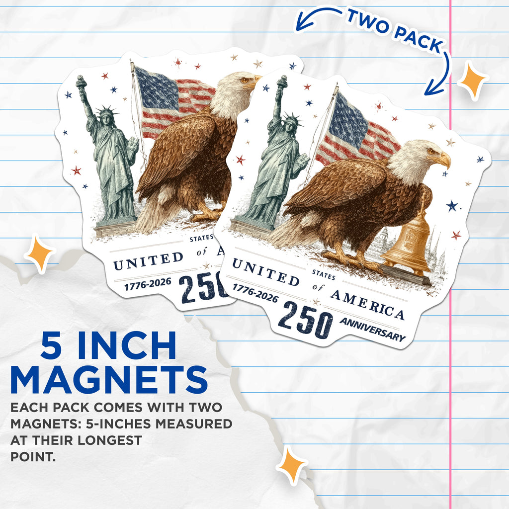 (2 Pack) USA 250th Anniversary Magnets - Patriotic Americana Decor - Bald Eagle Liberty Bell - 5 Inches On Longest Side - Thick Durable Magnet - Made in USA - MAG38907