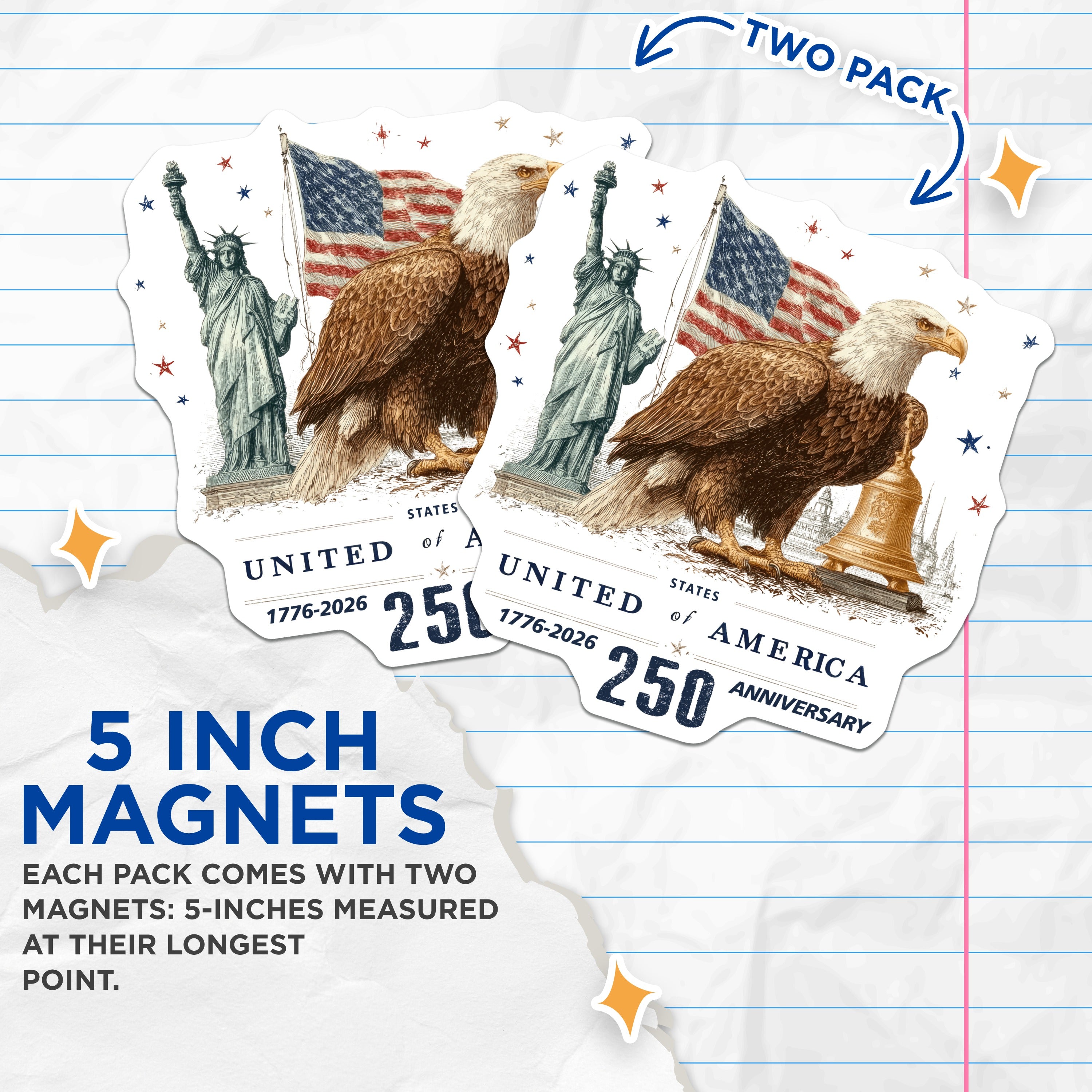 (2 Pack) USA 250th Anniversary Magnets - Patriotic Americana Decor - Bald Eagle Liberty Bell - 5 Inches On Longest Side - Thick Durable Magnet - Made in USA - MAG38907